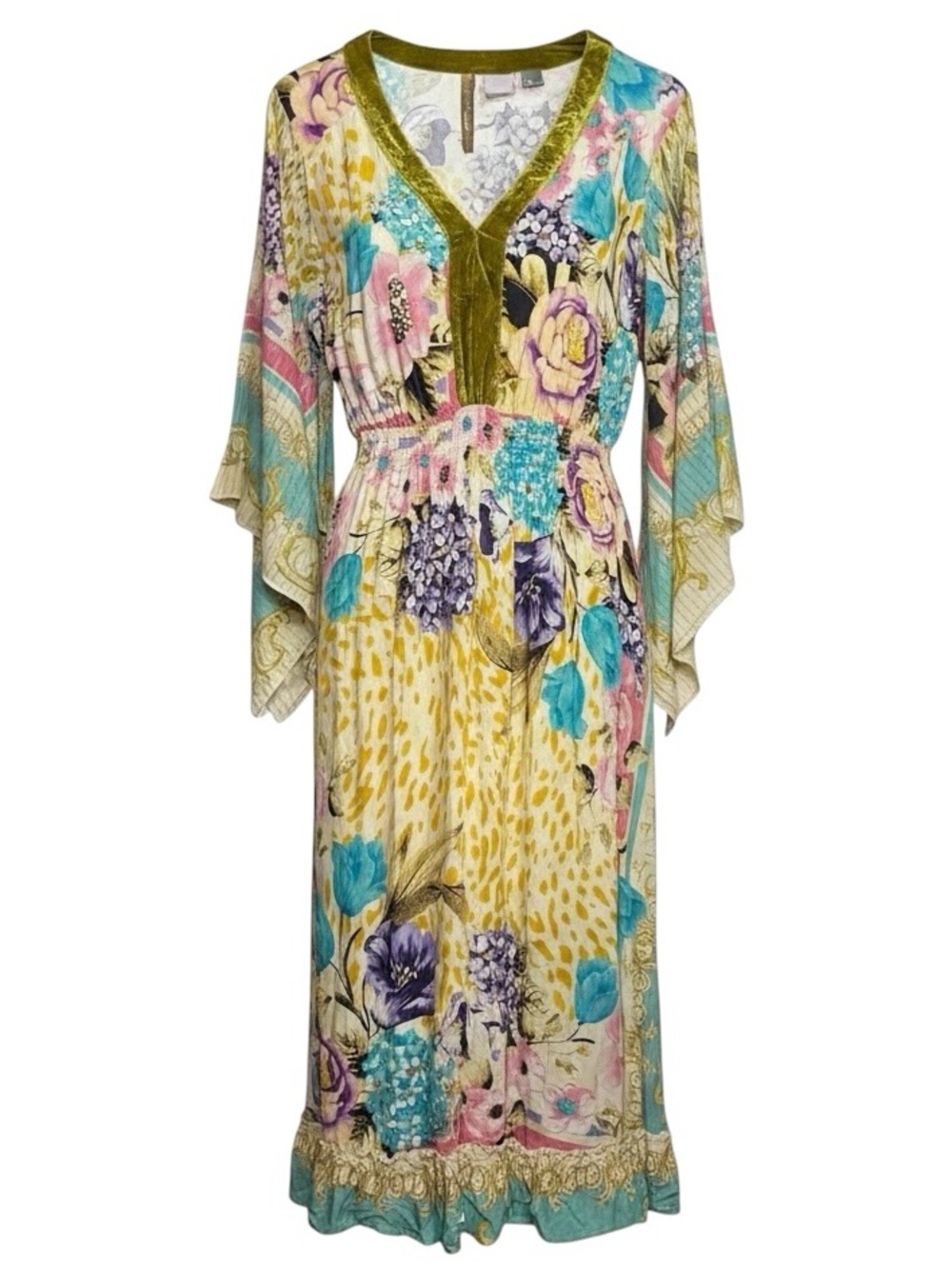 Aratta Silent Journey Dress Floral Patchwork Velvet Trim Leopard Boho Medium